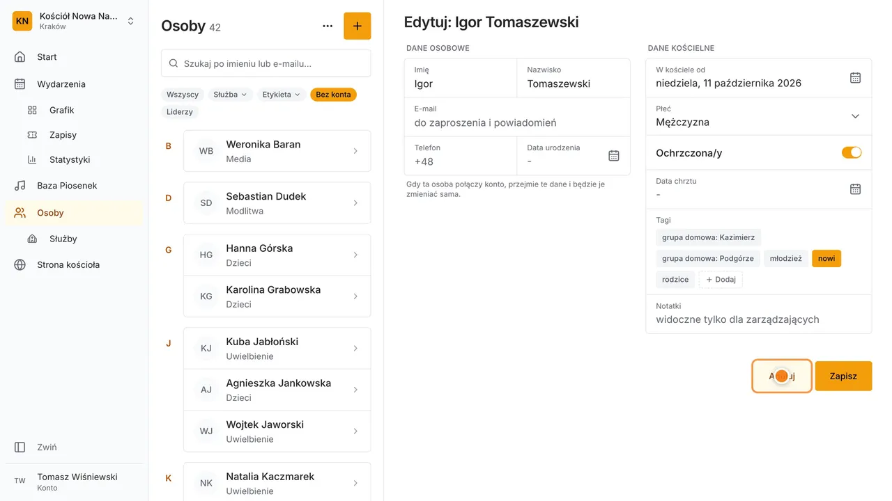Krok 4: W Edytuj zmienisz dane, dodasz etykietę i datę W kościele od.