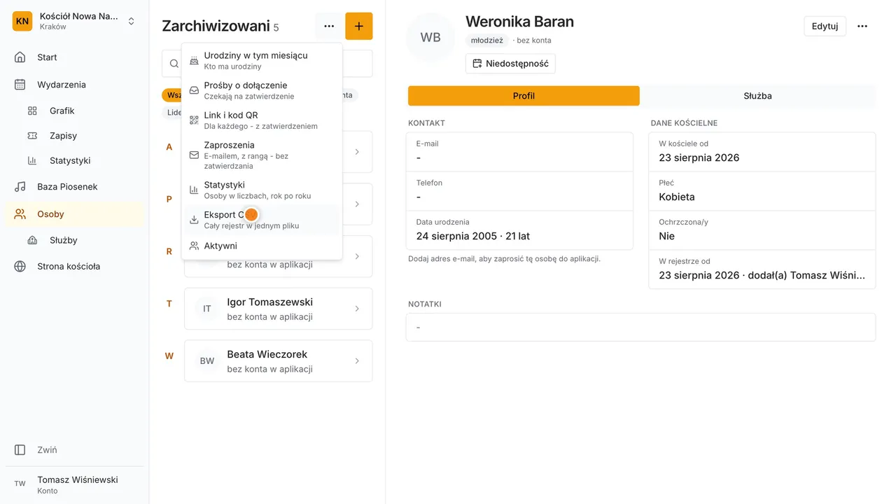 Krok 7: Potrzebujesz listy w arkuszu? Eksport CSV pobierze cały rejestr.