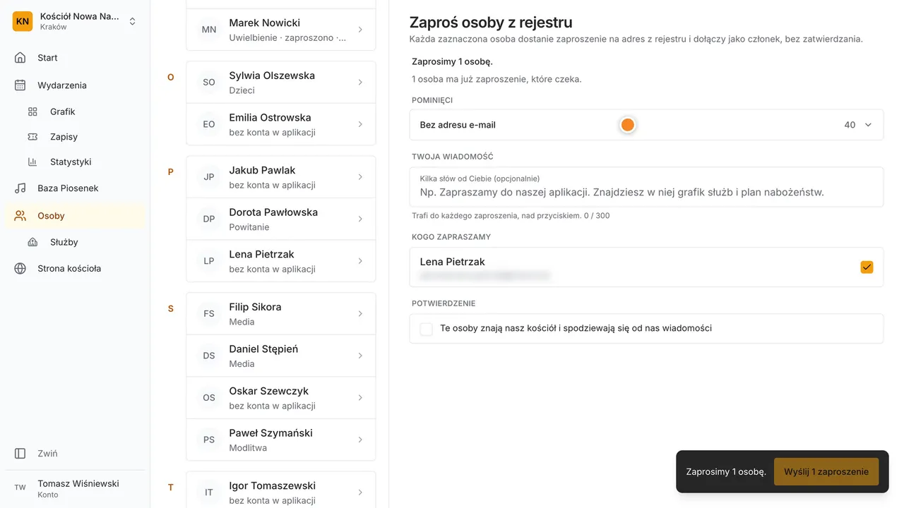 Krok 8: Zaproszenie dostanie każdy, kto ma w rejestrze adres e-mail. Dołączy bez zatwierdzania.