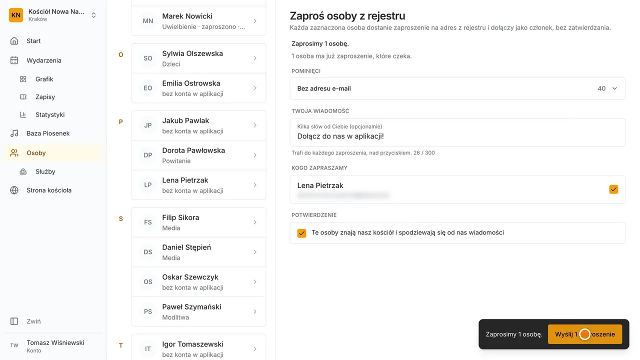 Krok 9: Dopisz kilka słów od siebie, potwierdź, że te osoby znają kościół, i wyślij.