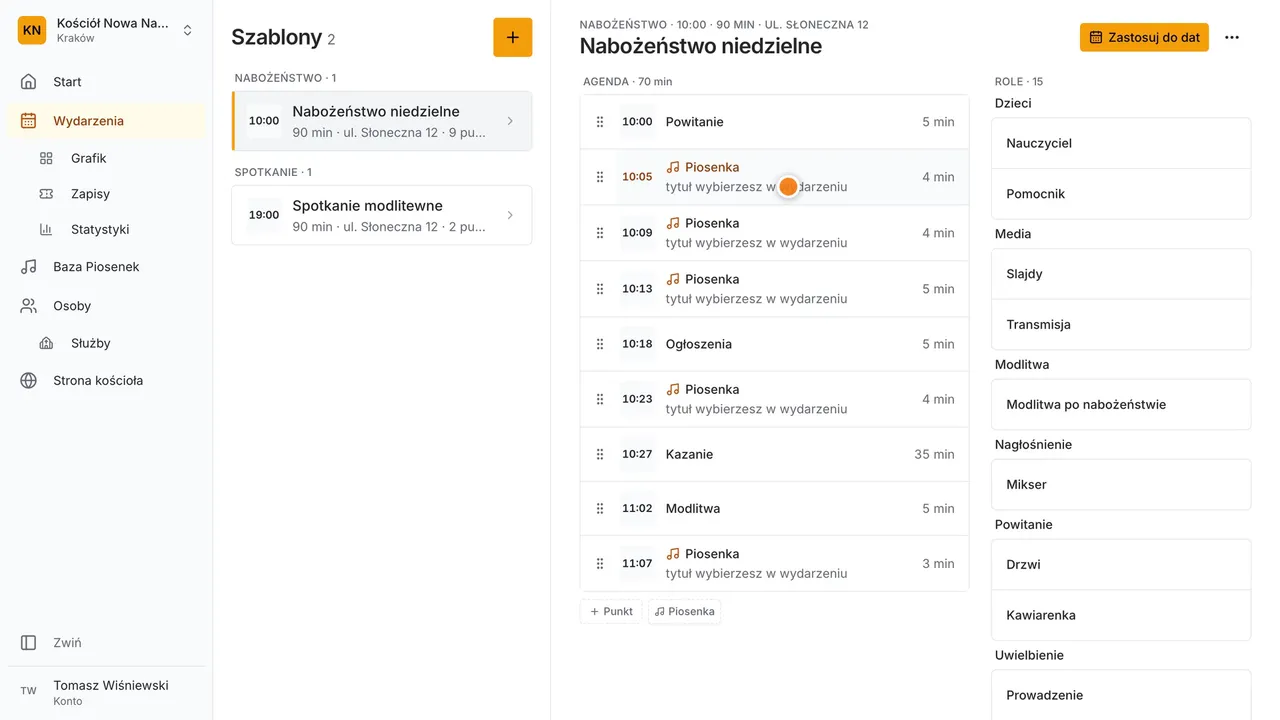 Krok 3: Szablon ma godzinę, agendę i role. Piosenki wybierzesz już w wydarzeniu.