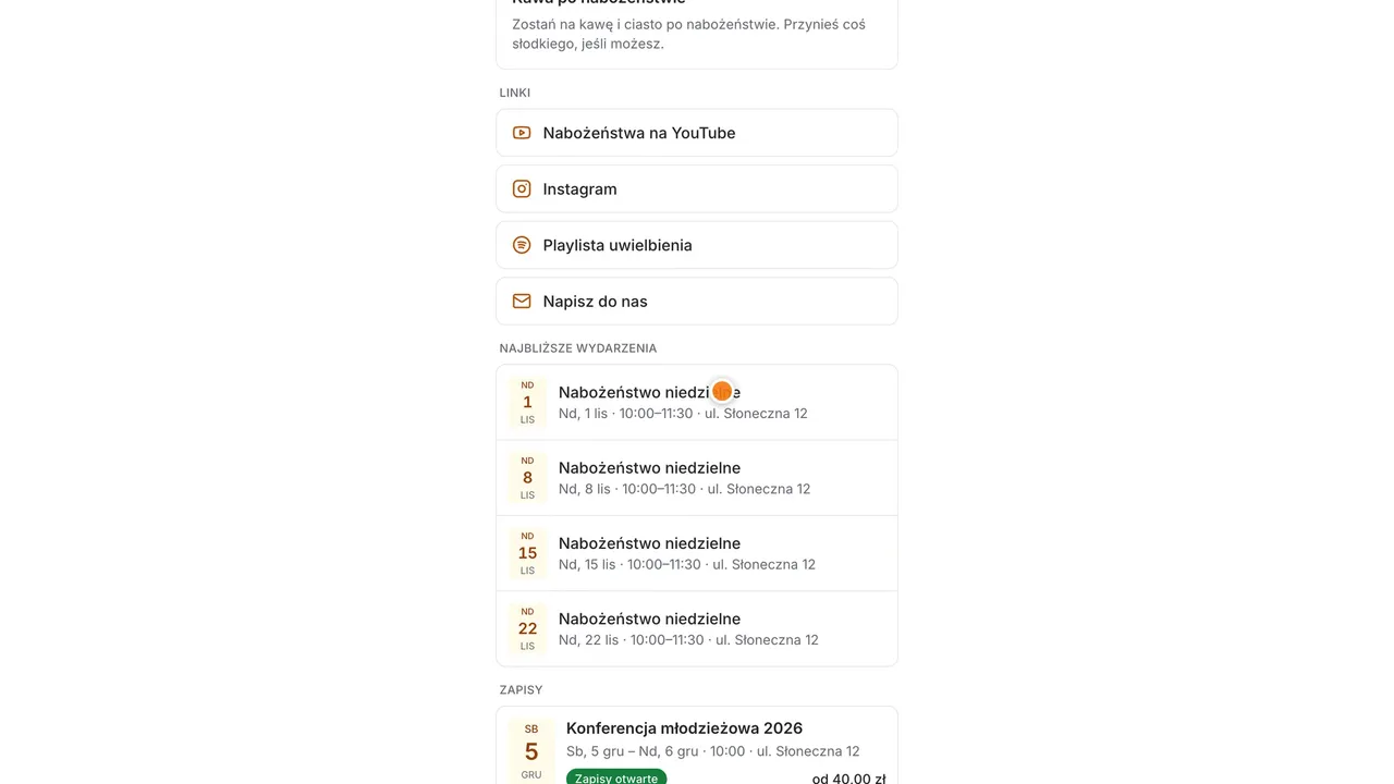 Krok 11: Tak wygląda strona kościoła. Najbliższe nabożeństwa są tu dla każdego, kto do was zajrzy.