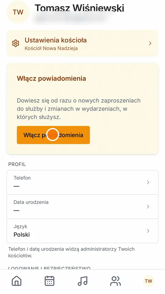 Krok 7: Teraz powiadomienia. Stuknij swoje inicjały w prawym dolnym rogu, żeby wejść w ustawienia. Tam stuknij Włącz powiadomienia.