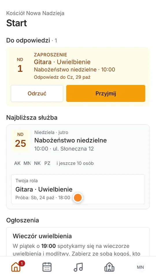 Krok 3: Niżej Twoja najbliższa służba: kiedy, gdzie, w jakiej roli i kto służy razem z Tobą. Widać też próbę.