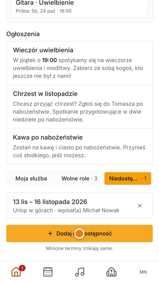 Krok 7: A w Niedostępności dasz znać, kiedy Cię nie będzie.