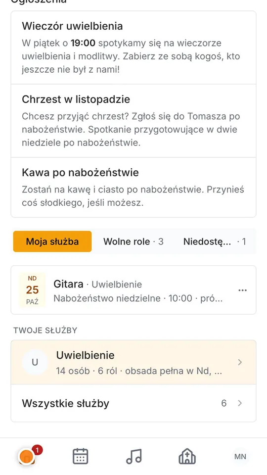Krok 8: Na końcu Twoje zespoły. Jeśli prowadzisz służbę albo kościół, zobaczysz tu więcej. Na Start wrócisz zawsze ikoną domku.