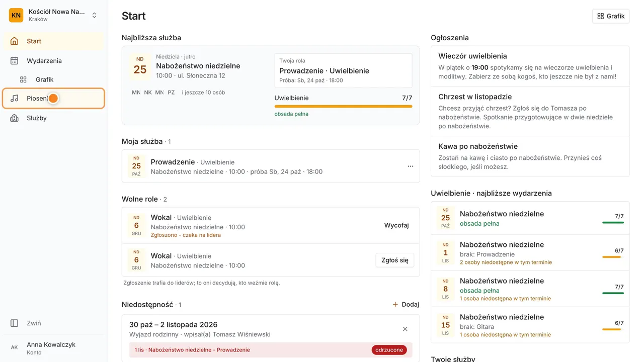 Krok 1: Prowadzisz uwielbienie? Wszystkie piosenki kościoła masz w Piosenkach.