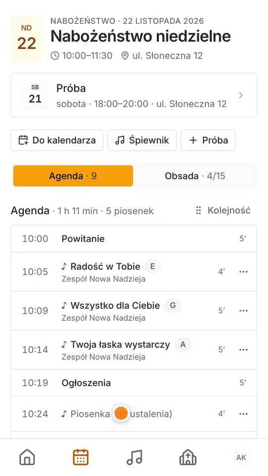 Krok 2: W Agendzie czekają puste miejsca na piosenki.