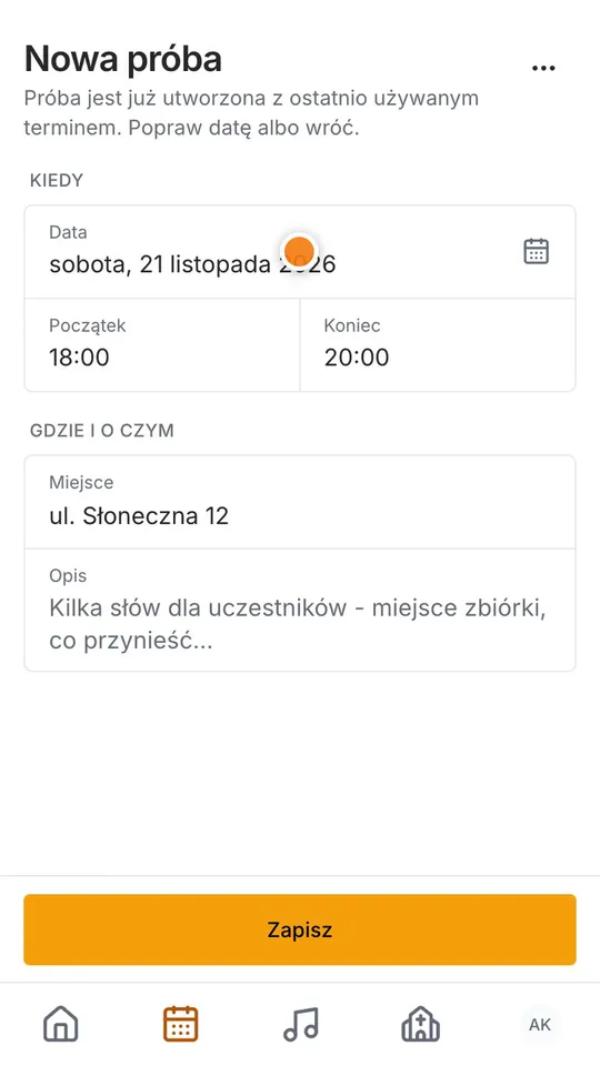 Krok 6: Potrzebna próba? Stuknij Próba i wybierz termin.