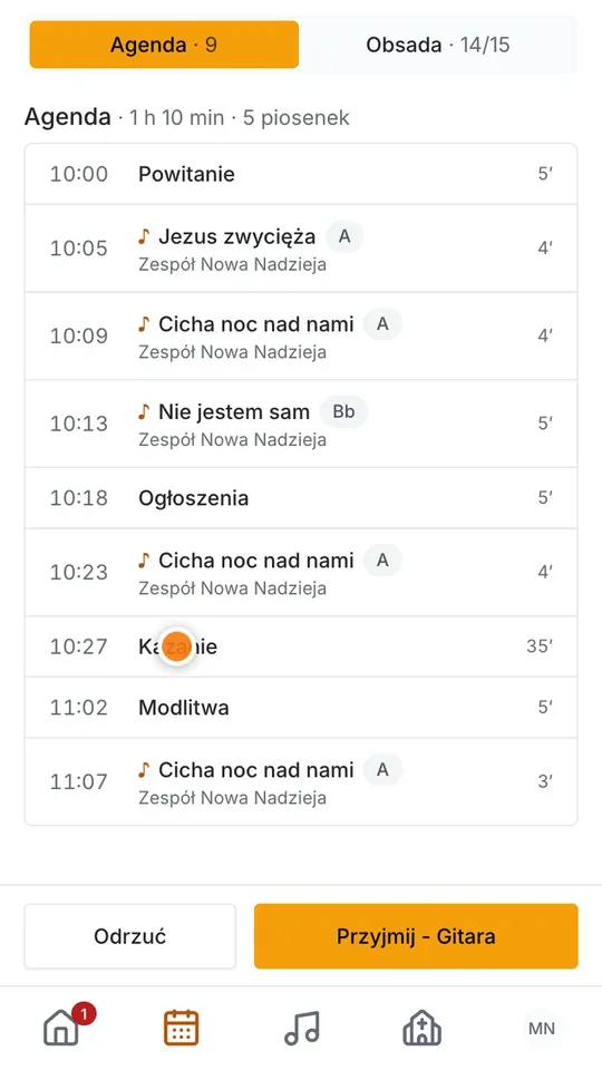 Krok 2: Stuknij w nie, a zobaczysz wszystko, co trzeba: kiedy, gdzie i w jakiej roli. Tutaj: gitara w uwielbieniu. A w Agendzie jest plan całego nabożeństwa, razem z piosenkami.
