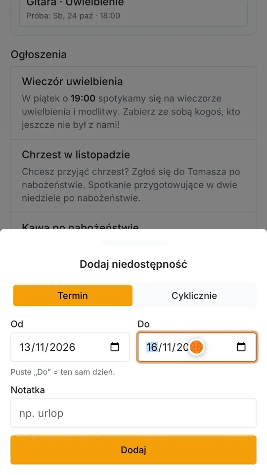 Krok 3: Stuknij Dodaj niedostępność i wybierz pierwszy i ostatni dzień.