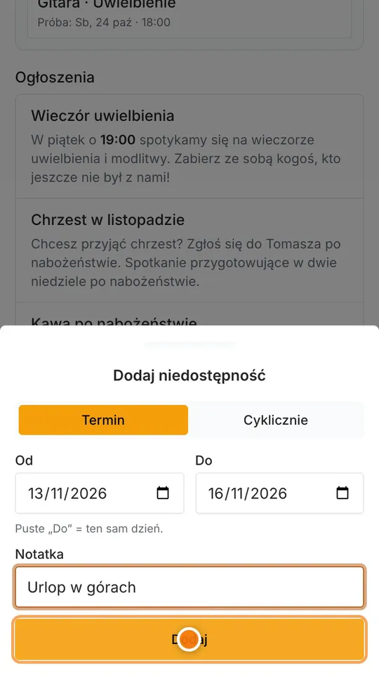 Krok 4: Możesz dopisać notatkę, na przykład: urlop w górach. Potem stuknij Dodaj.