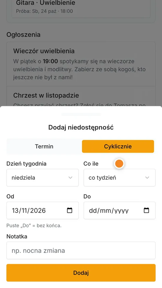 Krok 6: Nie możesz co drugą niedzielę? Wybierz Cyklicznie: dzień tygodnia i co ile tygodni.