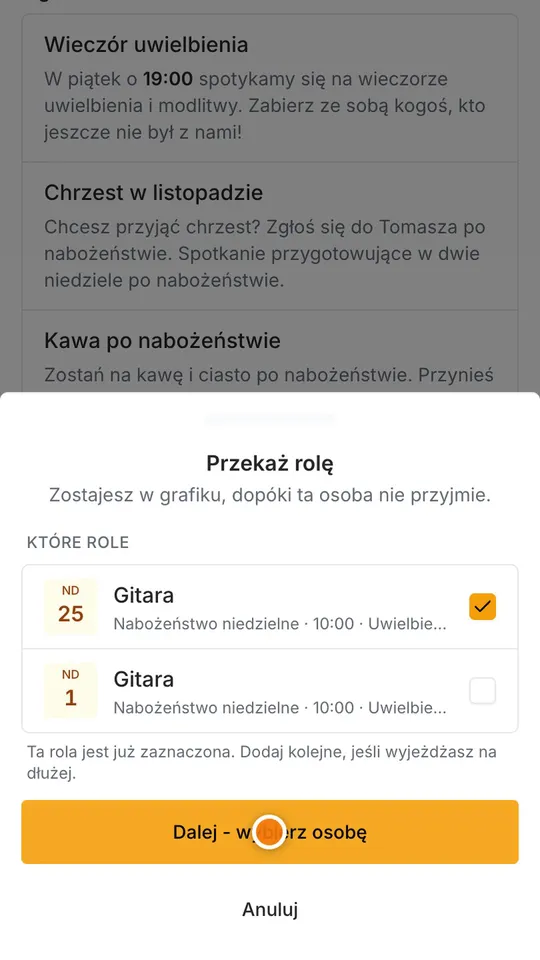 Krok 3: Najlepiej znaleźć zastępstwo. Stuknij Przekaż rolę.